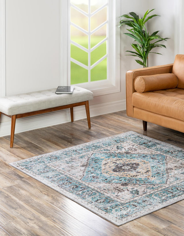 Washable Seaglass 7' 10 x 7' 10 Yara Square Area Rug Easy to Clean Stain Resistant & Durable Polyester & Chenille Carpet for Sale at Rug Engine