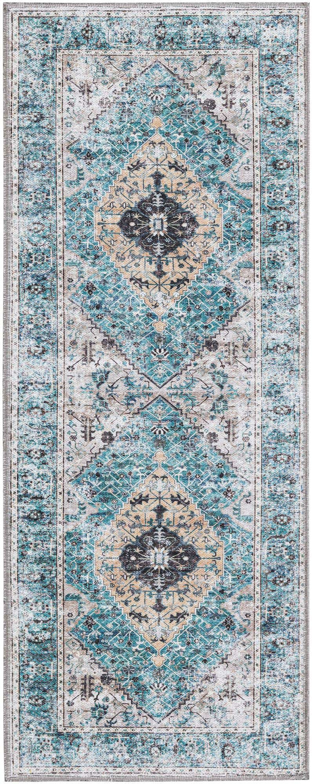 Washable Seaglass 2' x 5' Yara Runner Area Rug Easy to Clean Stain Resistant & Durable Polyester & Chenille Carpet for Sale at Rug Engine