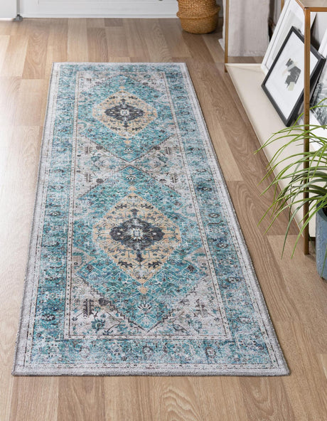 Washable Seaglass 2' x 6' Yara Runner Area Rug Easy to Clean Stain Resistant & Durable Polyester & Chenille Carpet for Sale at Rug Engine