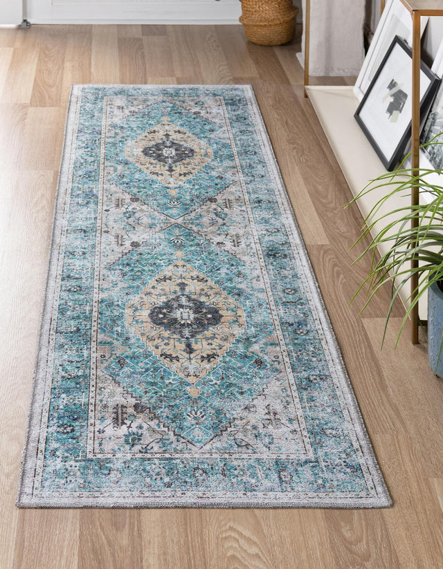 Washable Seaglass 2' x 6' Yara Runner Area Rug Easy to Clean Stain Resistant & Durable Polyester & Chenille Carpet for Sale at Rug Engine