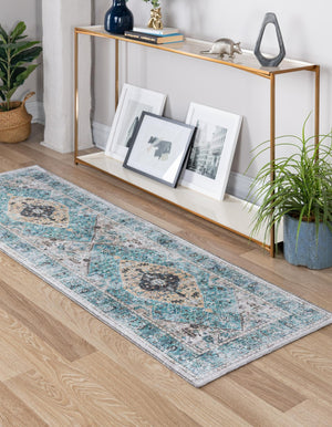 Washable Seaglass 2' 7 x 10' Yara Runner Area Rug Easy to Clean Stain Resistant & Durable Polyester & Chenille Carpet for Sale at Rug Engine