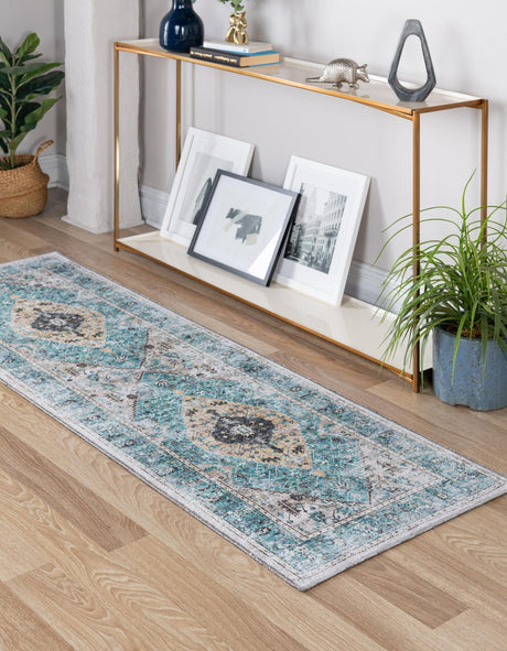 Washable Seaglass 2' x 8' Yara Runner Area Rug Easy to Clean Stain Resistant & Durable Polyester & Chenille Carpet for Sale at Rug Engine