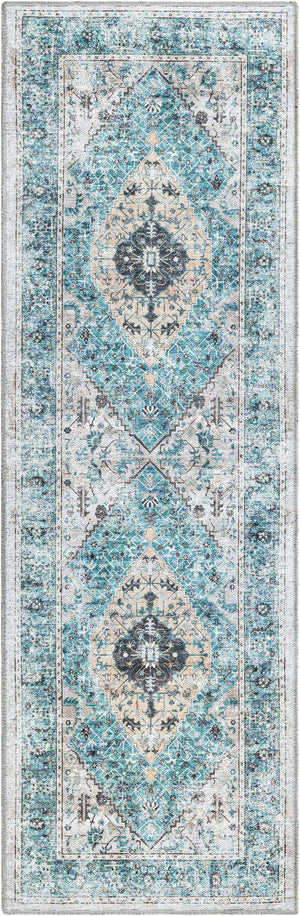 Washable Seaglass 2' x 6' Yara Runner Area Rug Easy to Clean Stain Resistant & Durable Polyester & Chenille Carpet for Sale at Rug Engine