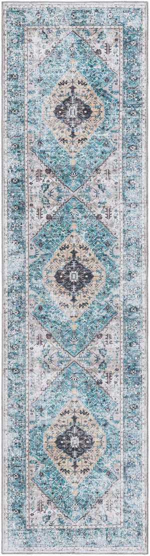 Washable Seaglass 2' 7 x 10' Yara Runner Area Rug Easy to Clean Stain Resistant & Durable Polyester & Chenille Carpet for Sale at Rug Engine