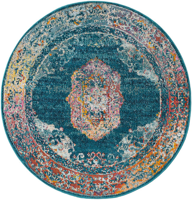 Blue 4' x 4' Charm Round Area Rug 100% Polypropylene With Jute Backing Traditional Vintage Distressed Look Carpet for Living Rooms Dining Office Space for Sale at Rug Engine