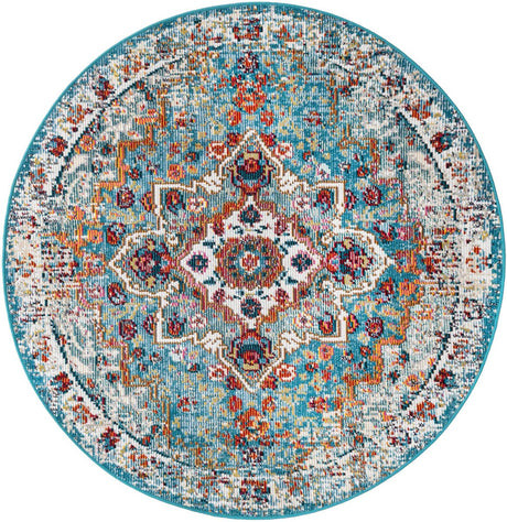 Blue 4' x 4' Charm Round Area Rug 100% Polypropylene With Jute Backing Traditional Vintage Distressed Look Carpet for Living Rooms Dining Office Space for Sale at Rug Engine
