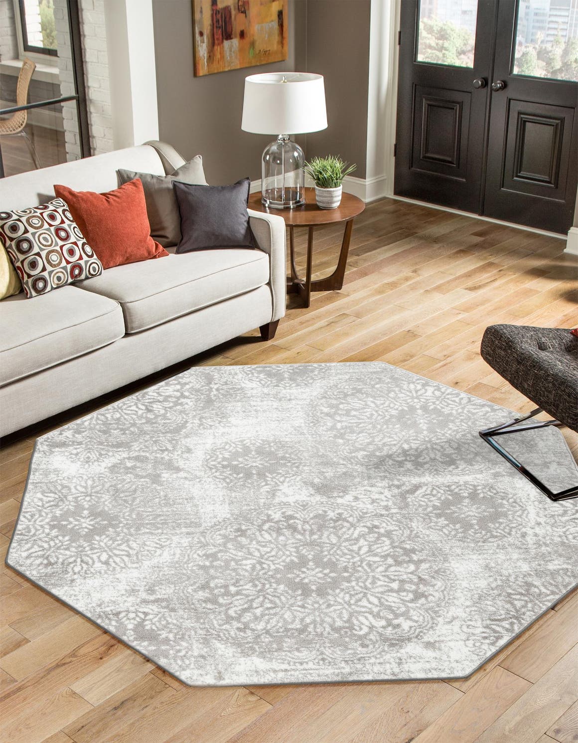 Light Gray 5' 3 x 5' 3 Sofia Octagon Area Rug Durable Easy Clean Stain Resistant Unique Carpet for Affordable Interior Home Design for Sale at Rug Engine