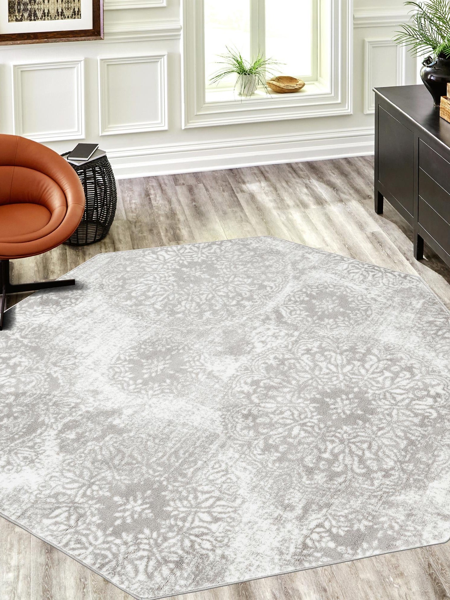 Light Gray 7' 10 x 7' 10 Sofia Octagon Area Rug Durable Easy Clean Stain Resistant Unique Carpet for Affordable Interior Home Design for Sale at Rug Engine