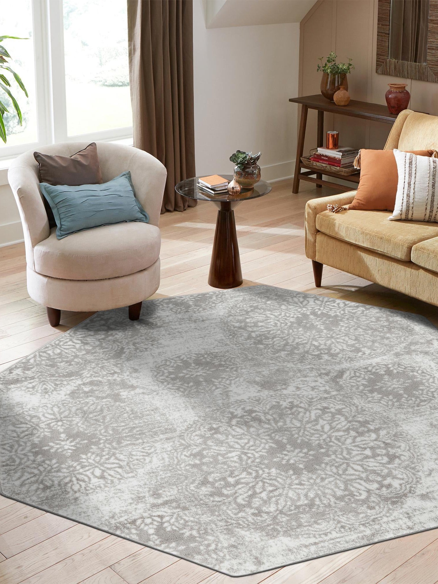 Light Gray 7' 10 x 7' 10 Sofia Octagon Area Rug Durable Easy Clean Stain Resistant Unique Carpet for Affordable Interior Home Design for Sale at Rug Engine
