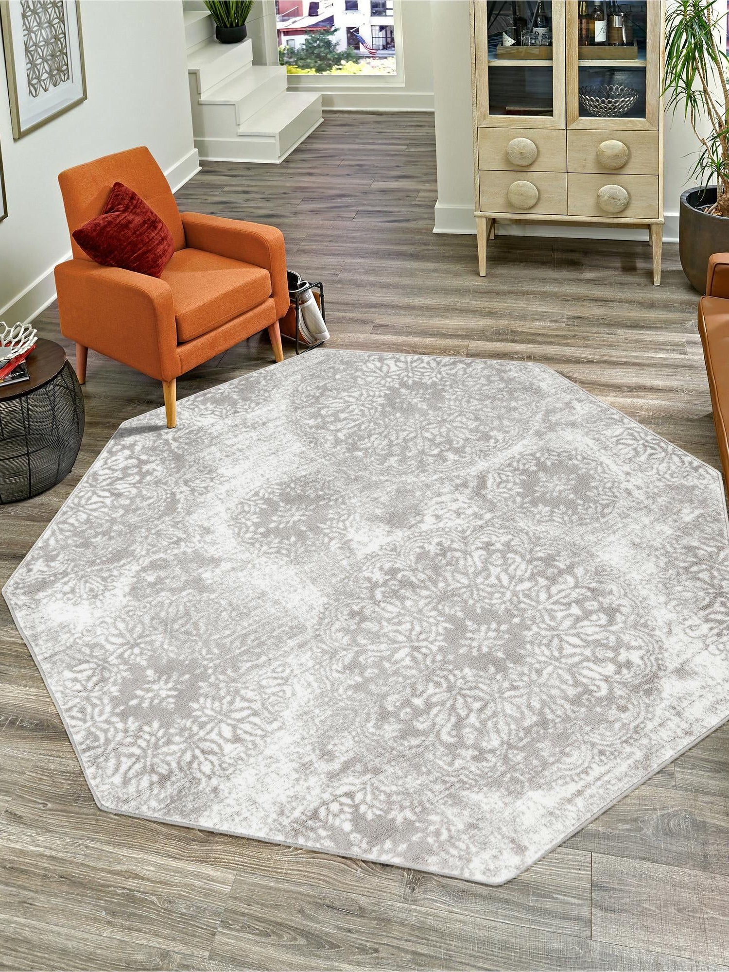 Light Gray 7' 10 x 7' 10 Sofia Octagon Area Rug Durable Easy Clean Stain Resistant Unique Carpet for Affordable Interior Home Design for Sale at Rug Engine