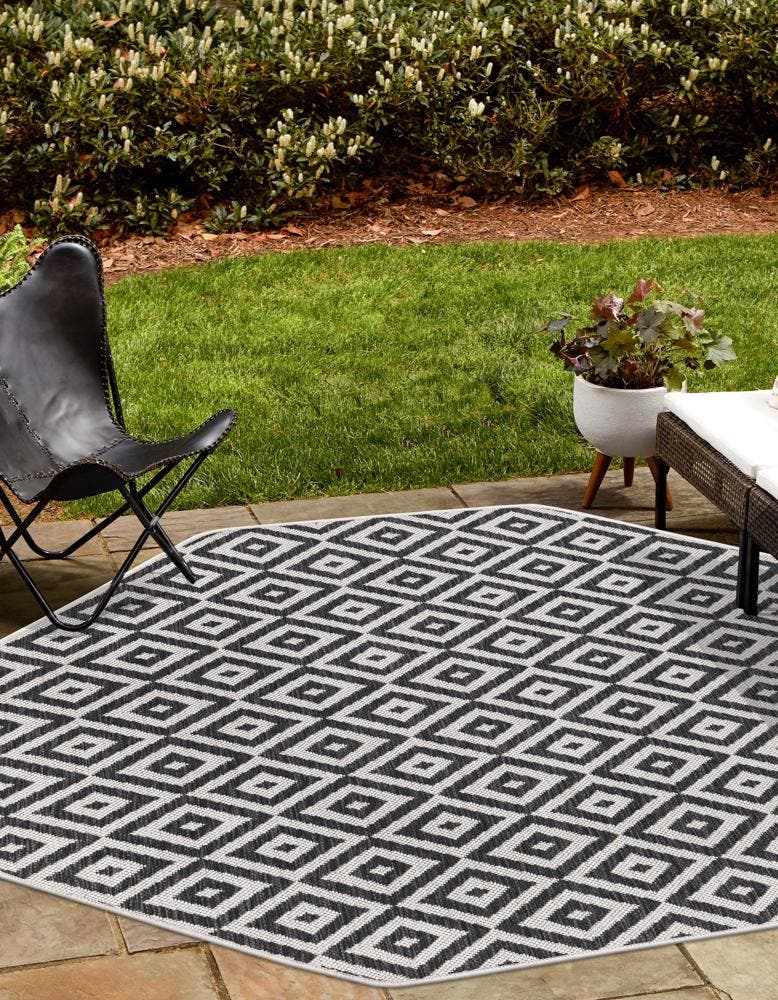 Charcoal Gray 7' 10 x 7' 10 Jill Zarin Outdoor Octagon Area Rug Weather Resistant for Patio, Deck, Terrace, Balcony, Porch Durable 100% Polypropylene Carpet for Outside for Sale at Rug Engine