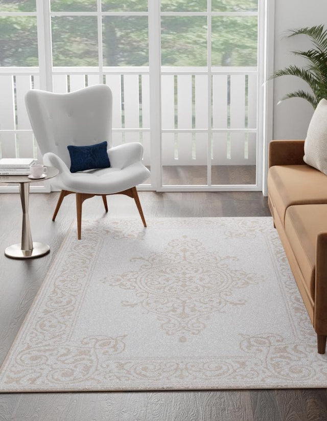 Snow White 5' 3 x 8' Hermitage Rectangle Area Rug 55% Polypropylene & 45% Polyester Easy Clean Stain-Resistant Carpet for Living, Office, Dorm Rooms for Sale at Rug Engine