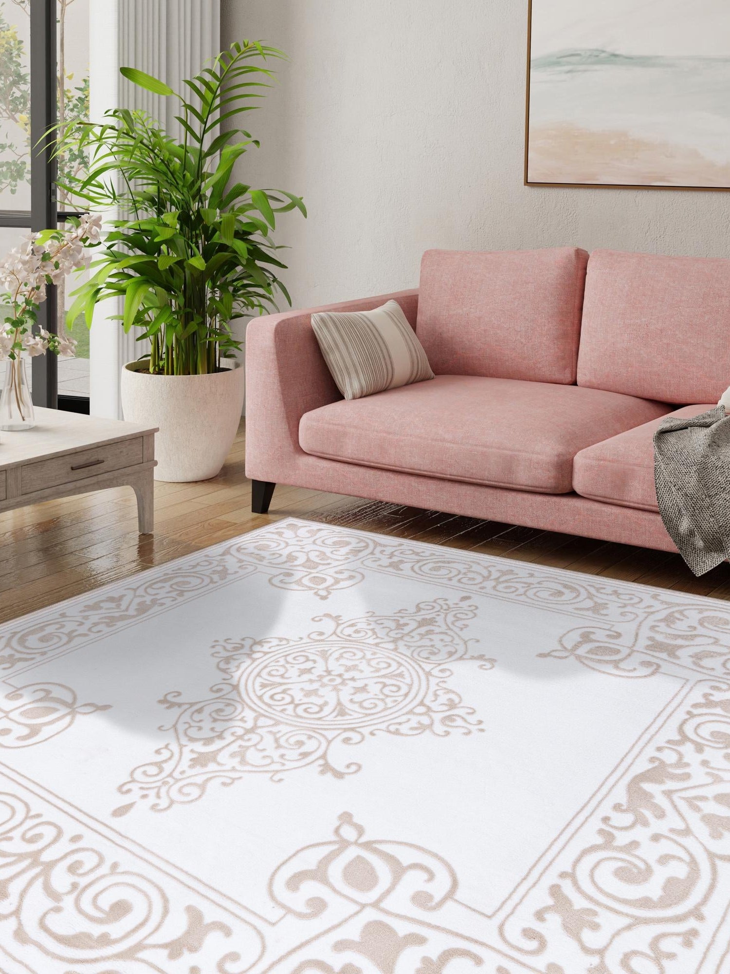 Snow White 7' 10 x 7' 10 Hermitage Square Area Rug 55% Polypropylene & 45% Polyester Easy Clean Stain-Resistant Carpet for Living, Office, Dorm Rooms for Sale at Rug Engine
