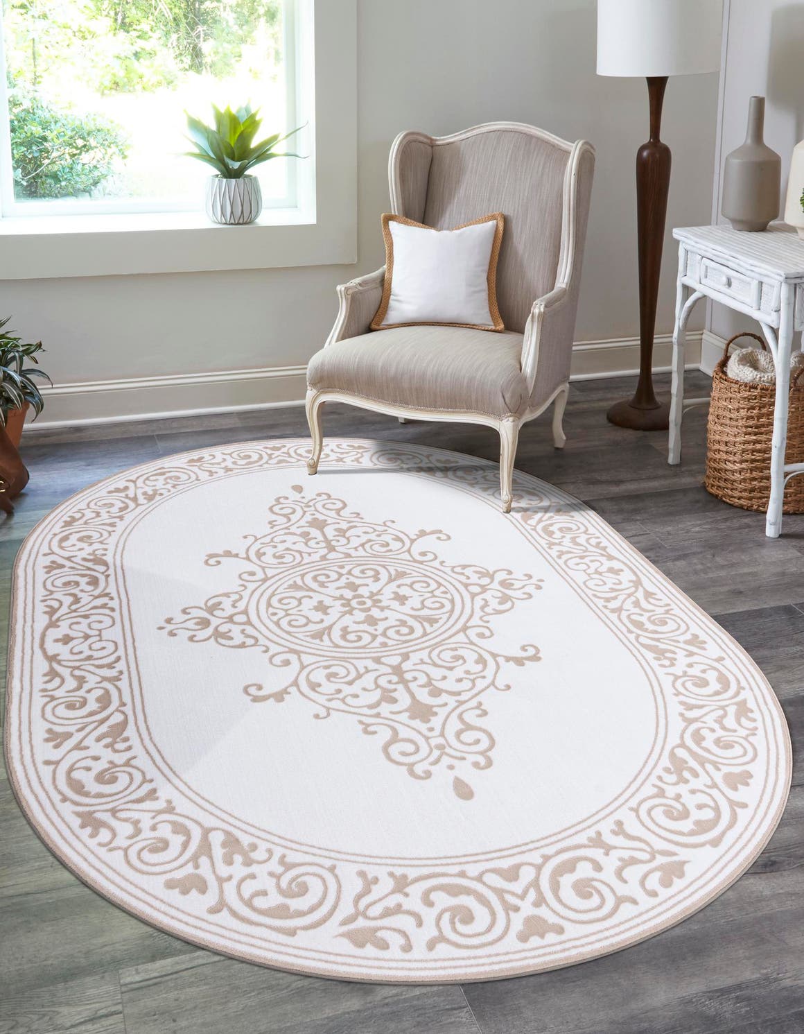 Snow White 4' x 6' Hermitage Oval Area Rug 55% Polypropylene & 45% Polyester Easy Clean Stain-Resistant Carpet for Living, Office, Dorm Rooms for Sale at Rug Engine
