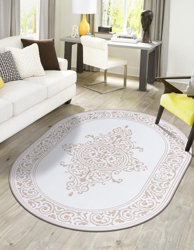 Snow White 2' x 3' Hermitage Oval Area Rug 55% Polypropylene & 45% Polyester Easy Clean Stain-Resistant Carpet for Living, Office, Dorm Rooms for Sale at Rug Engine