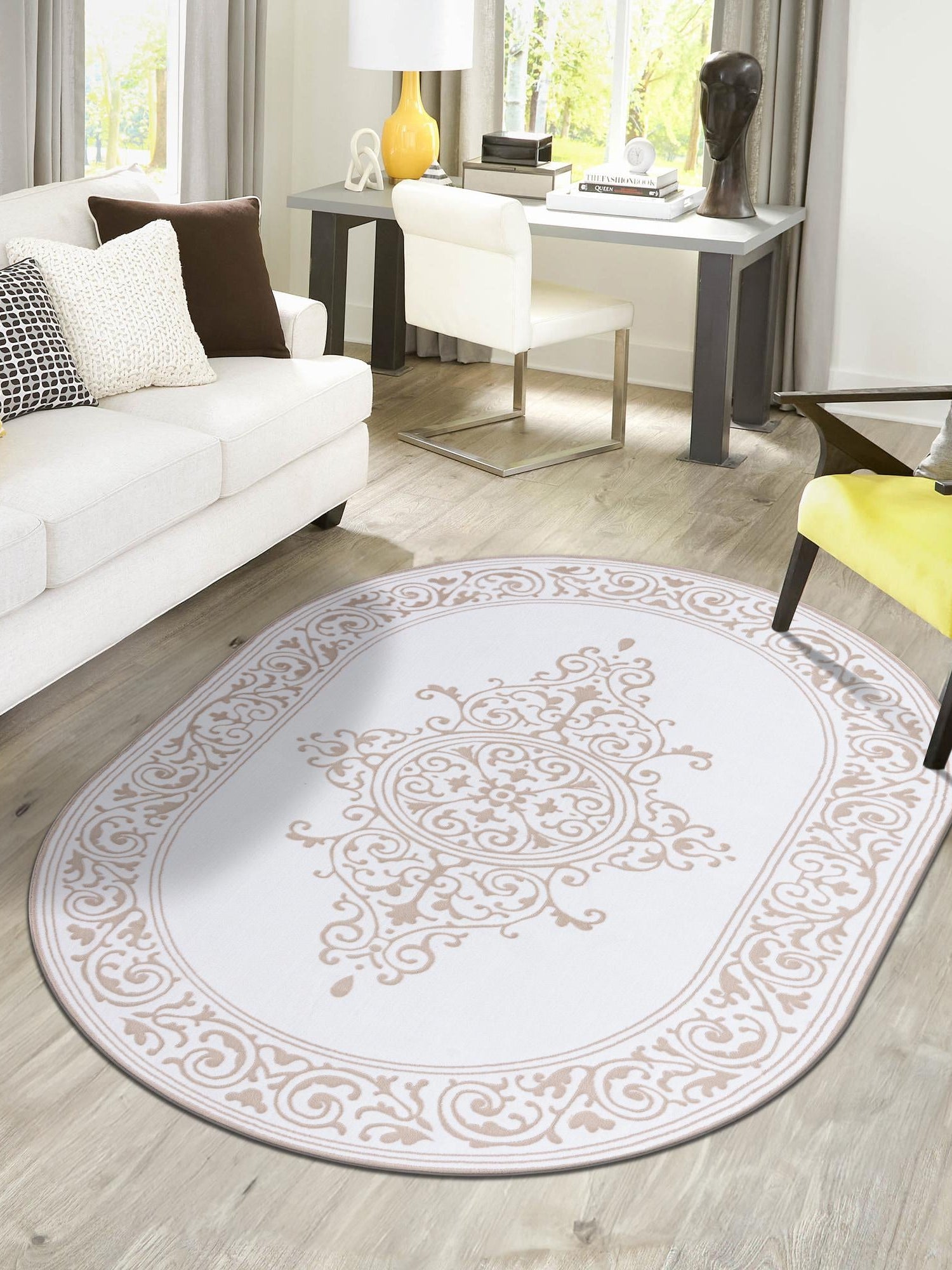 Snow White 5' 3 x 8' Hermitage Oval Area Rug 55% Polypropylene & 45% Polyester Easy Clean Stain-Resistant Carpet for Living, Office, Dorm Rooms for Sale at Rug Engine