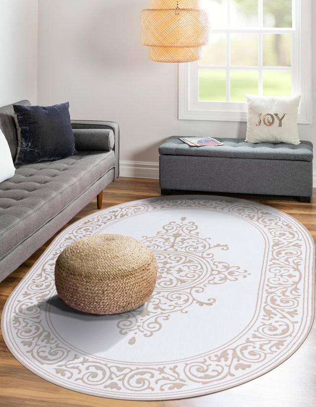 Snow White 2' x 3' Hermitage Oval Area Rug 55% Polypropylene & 45% Polyester Easy Clean Stain-Resistant Carpet for Living, Office, Dorm Rooms for Sale at Rug Engine