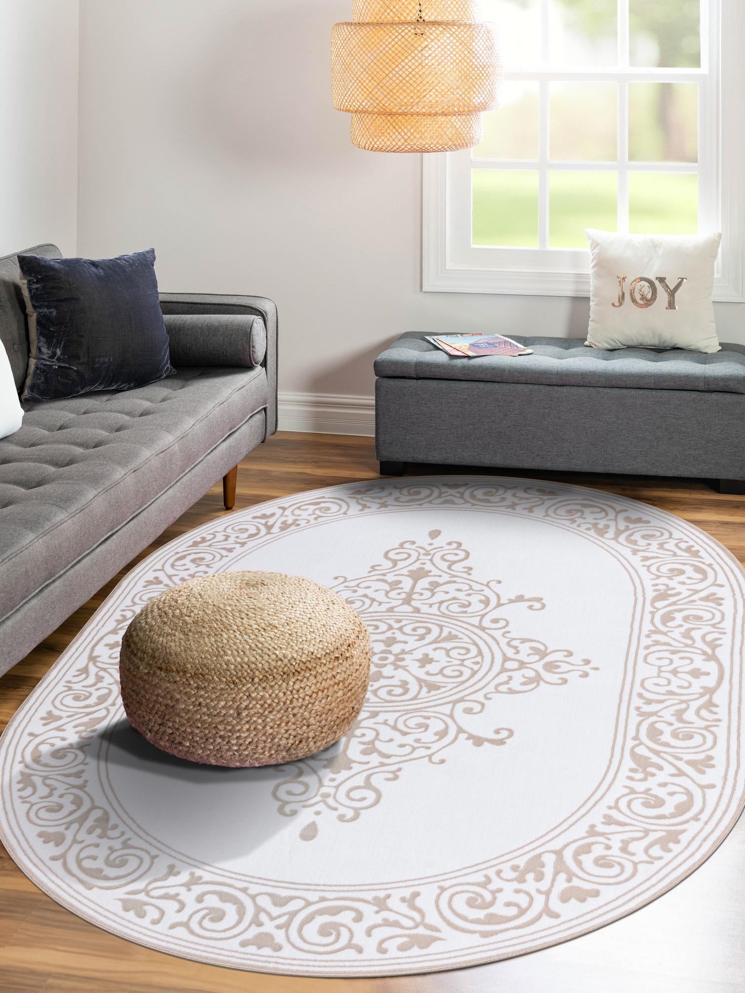 Snow White 4' x 6' Hermitage Oval Area Rug 55% Polypropylene & 45% Polyester Easy Clean Stain-Resistant Carpet for Living, Office, Dorm Rooms for Sale at Rug Engine