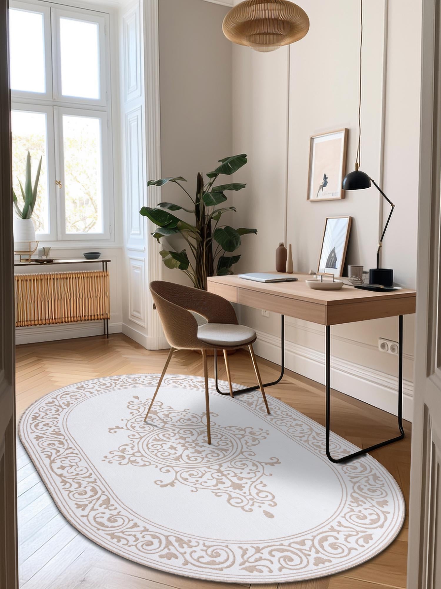 Snow White 4' x 6' Hermitage Oval Area Rug 55% Polypropylene & 45% Polyester Easy Clean Stain-Resistant Carpet for Living, Office, Dorm Rooms for Sale at Rug Engine
