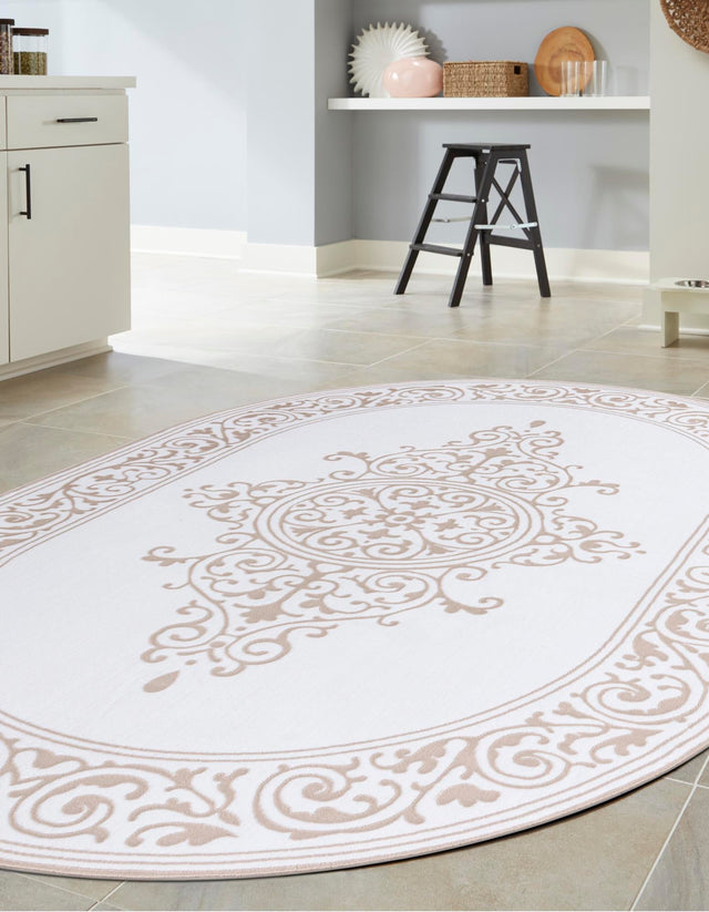Snow White 2' x 3' Hermitage Oval Area Rug 55% Polypropylene & 45% Polyester Easy Clean Stain-Resistant Carpet for Living, Office, Dorm Rooms for Sale at Rug Engine