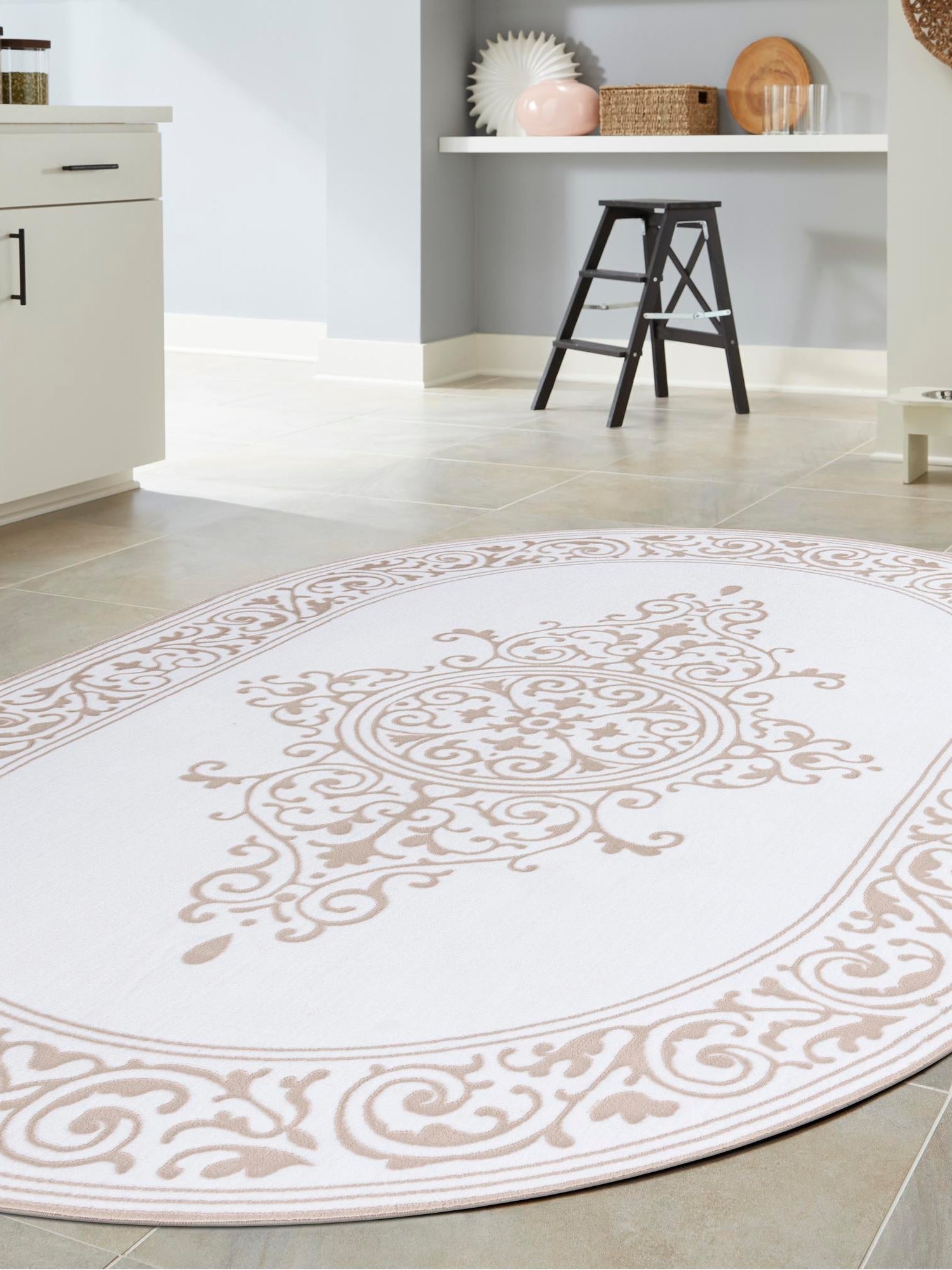 Snow White 7' x 10' Hermitage Oval Area Rug 55% Polypropylene & 45% Polyester Easy Clean Stain-Resistant Carpet for Living, Office, Dorm Rooms for Sale at Rug Engine