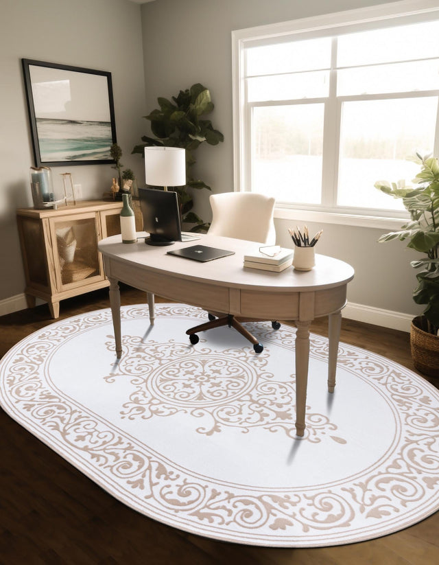 Snow White 7' x 10' Hermitage Oval Area Rug 55% Polypropylene & 45% Polyester Easy Clean Stain-Resistant Carpet for Living, Office, Dorm Rooms for Sale at Rug Engine