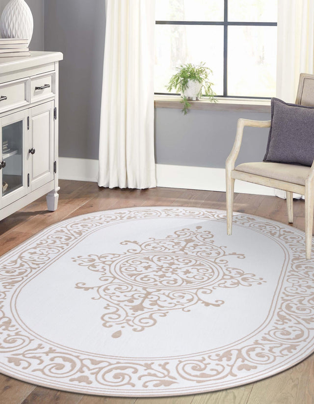 Snow White 7' x 10' Hermitage Oval Area Rug 55% Polypropylene & 45% Polyester Easy Clean Stain-Resistant Carpet for Living, Office, Dorm Rooms for Sale at Rug Engine