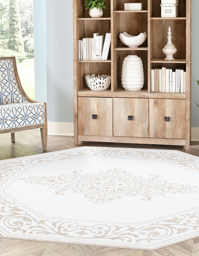 Snow White 7' 10 x 7' 10 Hermitage Octagon Area Rug 55% Polypropylene & 45% Polyester Easy Clean Stain-Resistant Carpet for Living, Office, Dorm Rooms for Sale at Rug Engine