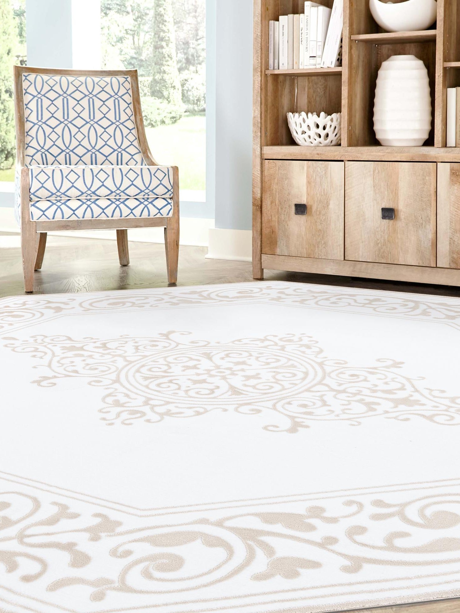 Snow White 7' 10 x 7' 10 Hermitage Octagon Area Rug 55% Polypropylene & 45% Polyester Easy Clean Stain-Resistant Carpet for Living, Office, Dorm Rooms for Sale at Rug Engine