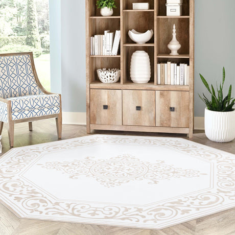 Snow White 5' 3 x 5' 3 Hermitage Octagon Area Rug 55% Polypropylene & 45% Polyester Easy Clean Stain-Resistant Carpet for Living, Office, Dorm Rooms for Sale at Rug Engine