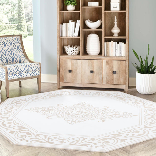 Snow White 5' 3 x 5' 3 Hermitage Octagon Area Rug 55% Polypropylene & 45% Polyester Easy Clean Stain-Resistant Carpet for Living, Office, Dorm Rooms for Sale at Rug Engine
