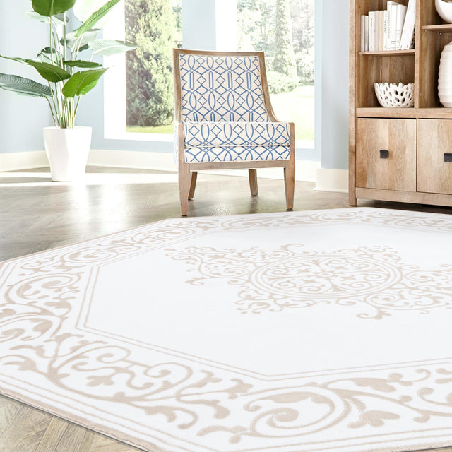 Snow White 5' 3 x 5' 3 Hermitage Octagon Area Rug 55% Polypropylene & 45% Polyester Easy Clean Stain-Resistant Carpet for Living, Office, Dorm Rooms for Sale at Rug Engine