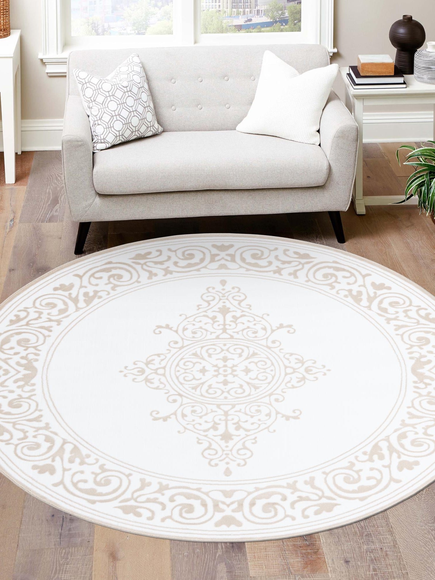 Snow White 6' x 6' Hermitage Round Area Rug 55% Polypropylene & 45% Polyester Easy Clean Stain-Resistant Carpet for Living, Office, Dorm Rooms for Sale at Rug Engine