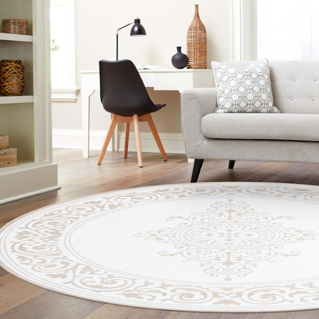 Snow White 10' 8 x 10' 8 Hermitage Round Area Rug 55% Polypropylene & 45% Polyester Easy Clean Stain-Resistant Carpet for Living, Office, Dorm Rooms for Sale at Rug Engine