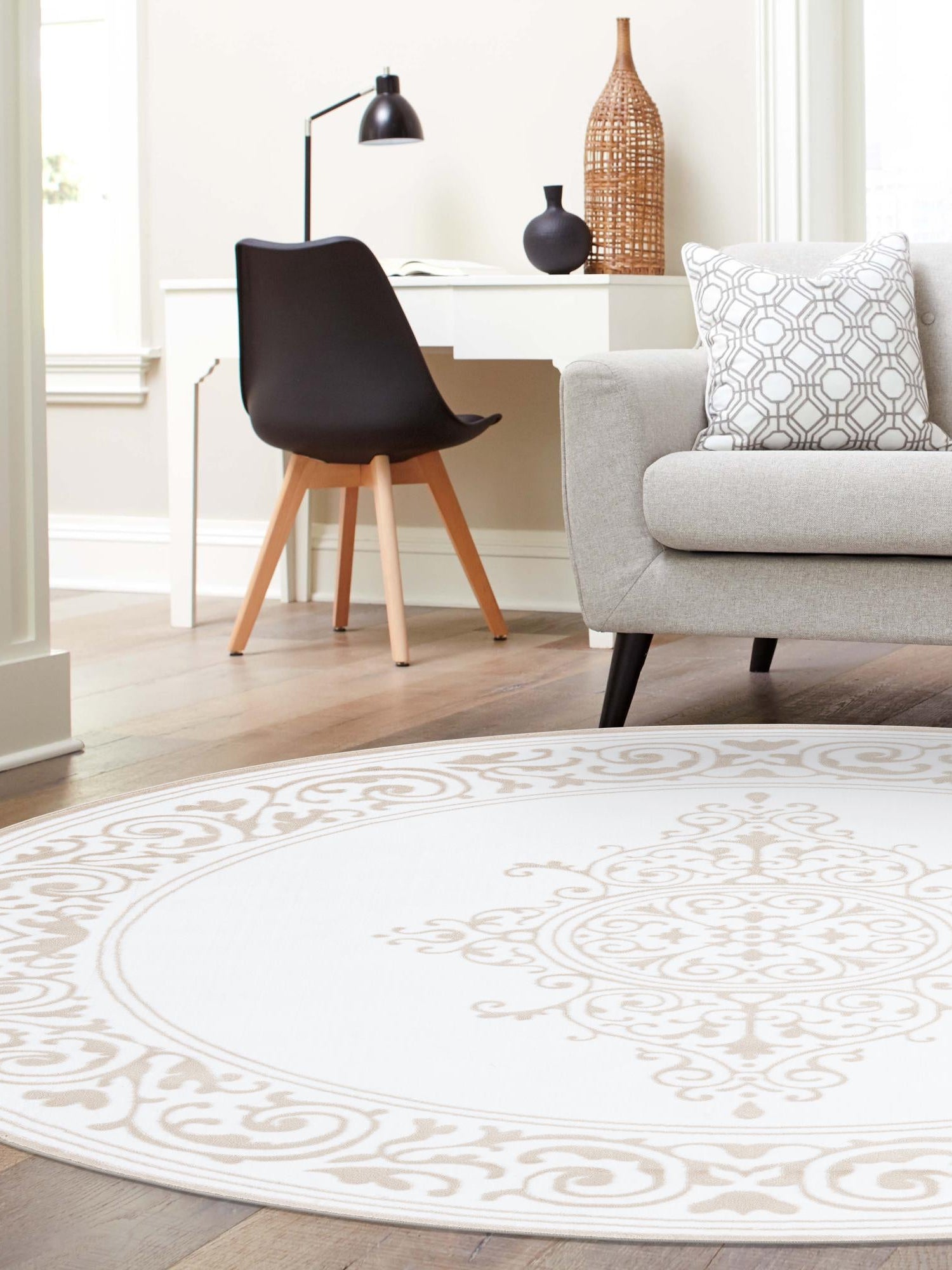 Snow White 4' x 4' Hermitage Round Area Rug 55% Polypropylene & 45% Polyester Easy Clean Stain-Resistant Carpet for Living, Office, Dorm Rooms for Sale at Rug Engine