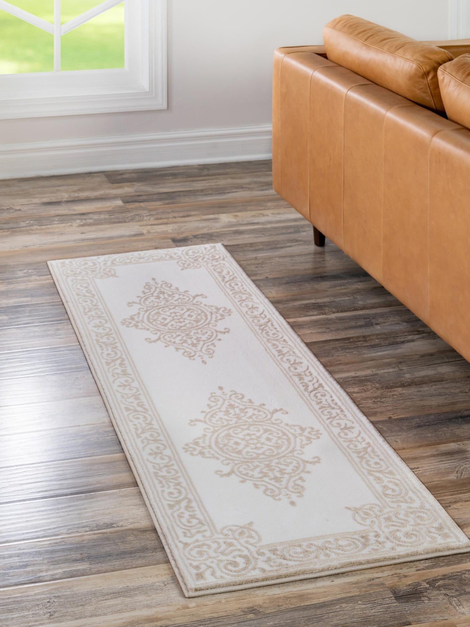 Snow White 2' x 7' Hermitage Runner Area Rug 55% Polypropylene & 45% Polyester Easy Clean Stain-Resistant Carpet for Living, Office, Dorm Rooms for Sale at Rug Engine