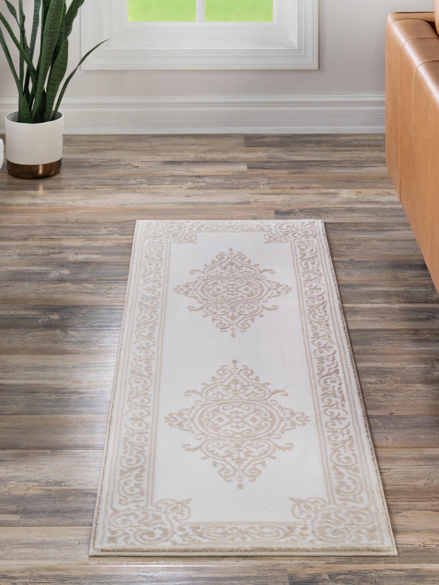 Snow White 2' x 8' Hermitage Runner Area Rug 55% Polypropylene & 45% Polyester Easy Clean Stain-Resistant Carpet for Living, Office, Dorm Rooms for Sale at Rug Engine