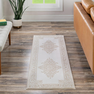 Snow White 2' 6 x 10' Hermitage Runner Area Rug 55% Polypropylene & 45% Polyester Easy Clean Stain-Resistant Carpet for Living, Office, Dorm Rooms for Sale at Rug Engine