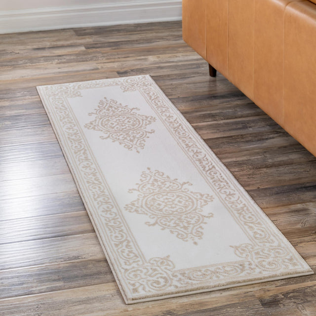 Snow White 2' 6 x 10' Hermitage Runner Area Rug 55% Polypropylene & 45% Polyester Easy Clean Stain-Resistant Carpet for Living, Office, Dorm Rooms for Sale at Rug Engine