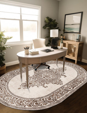 Chocolate Brown 7' x 10' Hermitage Oval Area Rug 55% Polypropylene & 45% Polyester Easy Clean Stain-Resistant Carpet for Living, Office, Dorm Rooms for Sale at Rug Engine