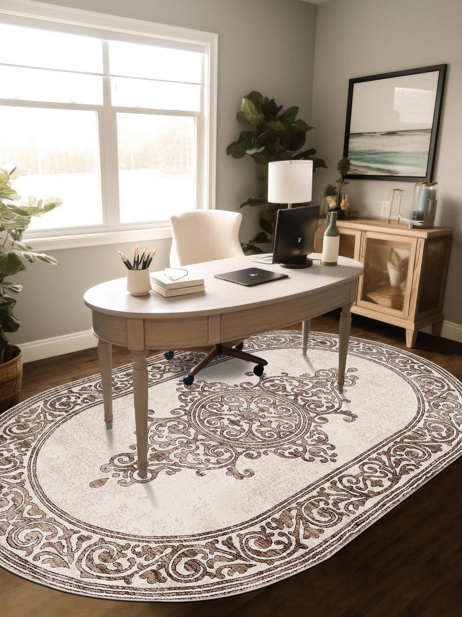 Chocolate Brown 5' 3 x 8' Hermitage Oval Area Rug 55% Polypropylene & 45% Polyester Easy Clean Stain-Resistant Carpet for Living, Office, Dorm Rooms for Sale at Rug Engine