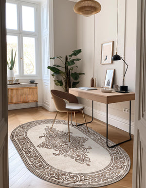 Chocolate Brown 4' x 6' Hermitage Oval Area Rug 55% Polypropylene & 45% Polyester Easy Clean Stain-Resistant Carpet for Living, Office, Dorm Rooms for Sale at Rug Engine