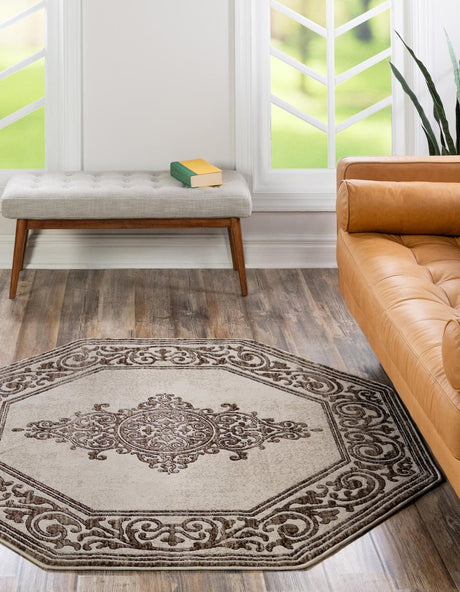 Chocolate Brown 5' 3 x 5' 3 Hermitage Octagon Area Rug 55% Polypropylene & 45% Polyester Easy Clean Stain-Resistant Carpet for Living, Office, Dorm Rooms for Sale at Rug Engine