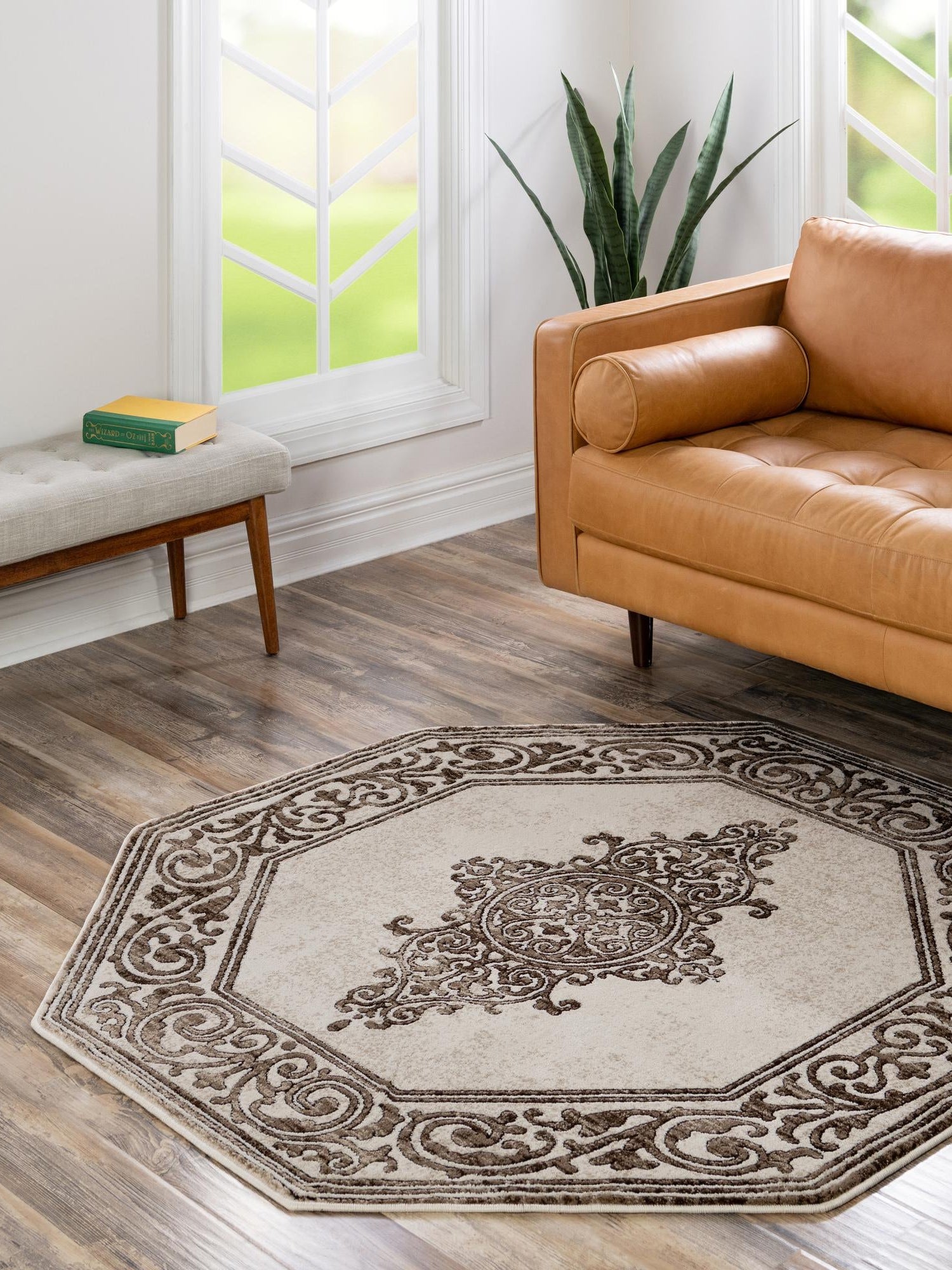 Chocolate Brown 5' 3 x 5' 3 Hermitage Octagon Area Rug 55% Polypropylene & 45% Polyester Easy Clean Stain-Resistant Carpet for Living, Office, Dorm Rooms for Sale at Rug Engine