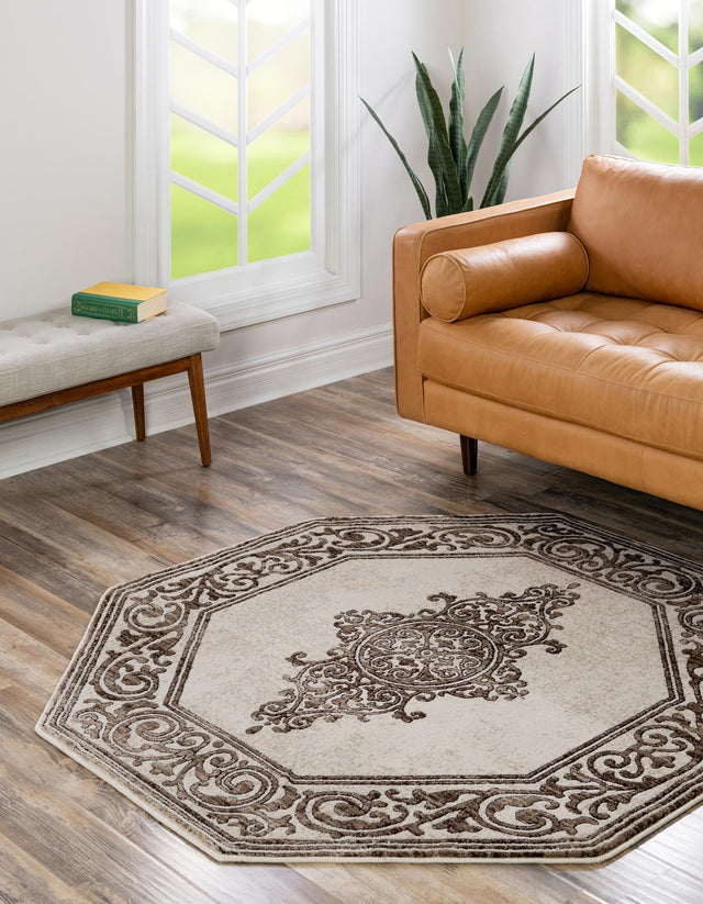 Chocolate Brown 5' 3 x 5' 3 Hermitage Octagon Area Rug 55% Polypropylene & 45% Polyester Easy Clean Stain-Resistant Carpet for Living, Office, Dorm Rooms for Sale at Rug Engine