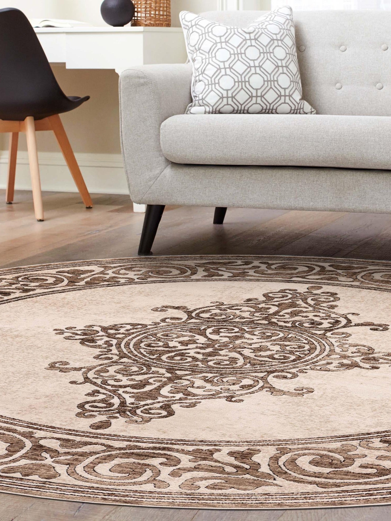 Chocolate Brown 6' x 6' Hermitage Round Area Rug 55% Polypropylene & 45% Polyester Easy Clean Stain-Resistant Carpet for Living, Office, Dorm Rooms for Sale at Rug Engine