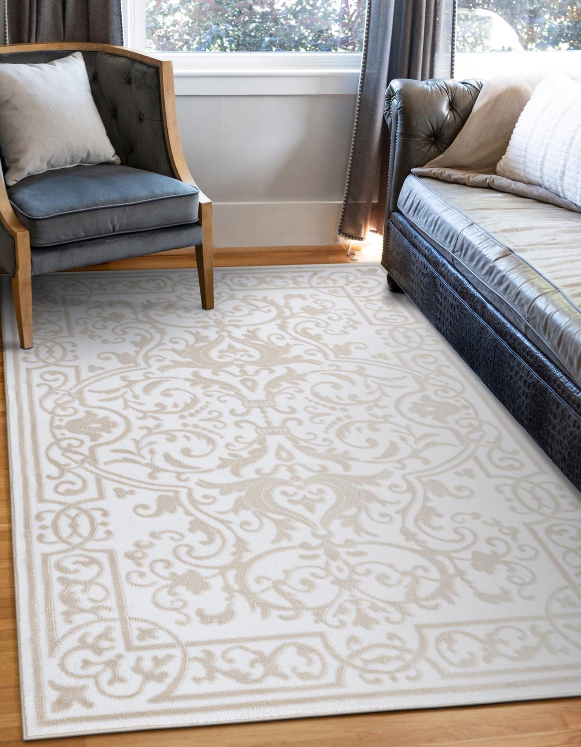 Snow White 7' 10 x 11' 6 Hermitage Rectangle Area Rug 55% Polypropylene & 45% Polyester Easy Clean Stain-Resistant Carpet for Living, Office, Dorm Rooms for Sale at Rug Engine