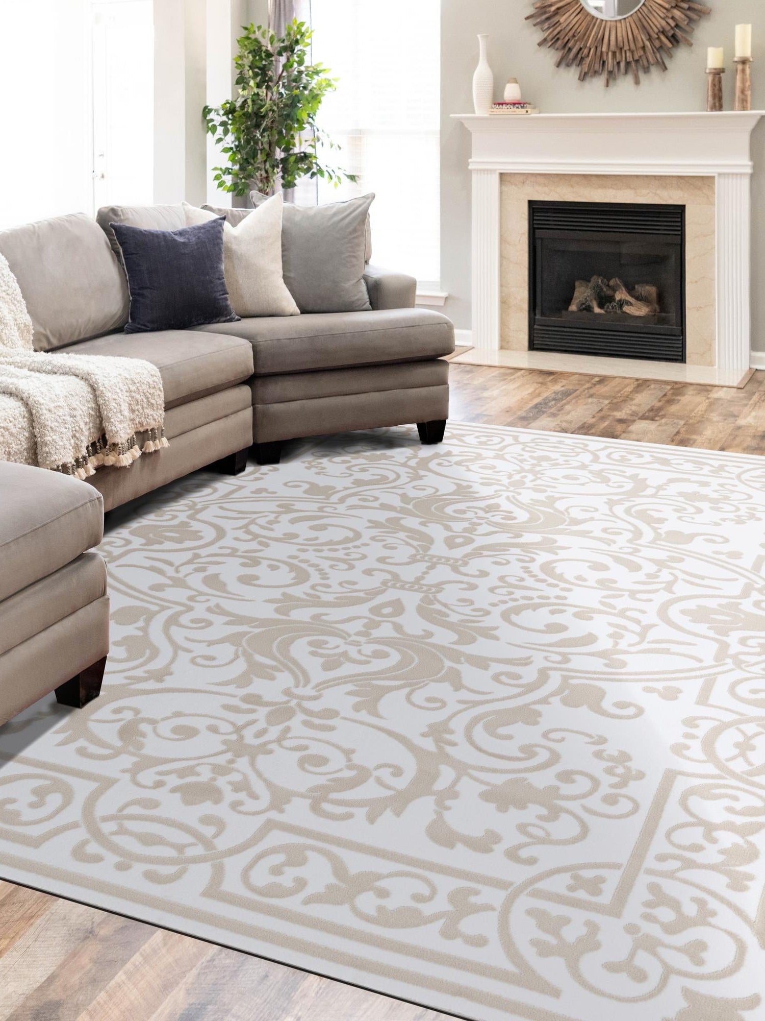 Snow White 7' 10 x 11' 6 Hermitage Rectangle Area Rug 55% Polypropylene & 45% Polyester Easy Clean Stain-Resistant Carpet for Living, Office, Dorm Rooms for Sale at Rug Engine