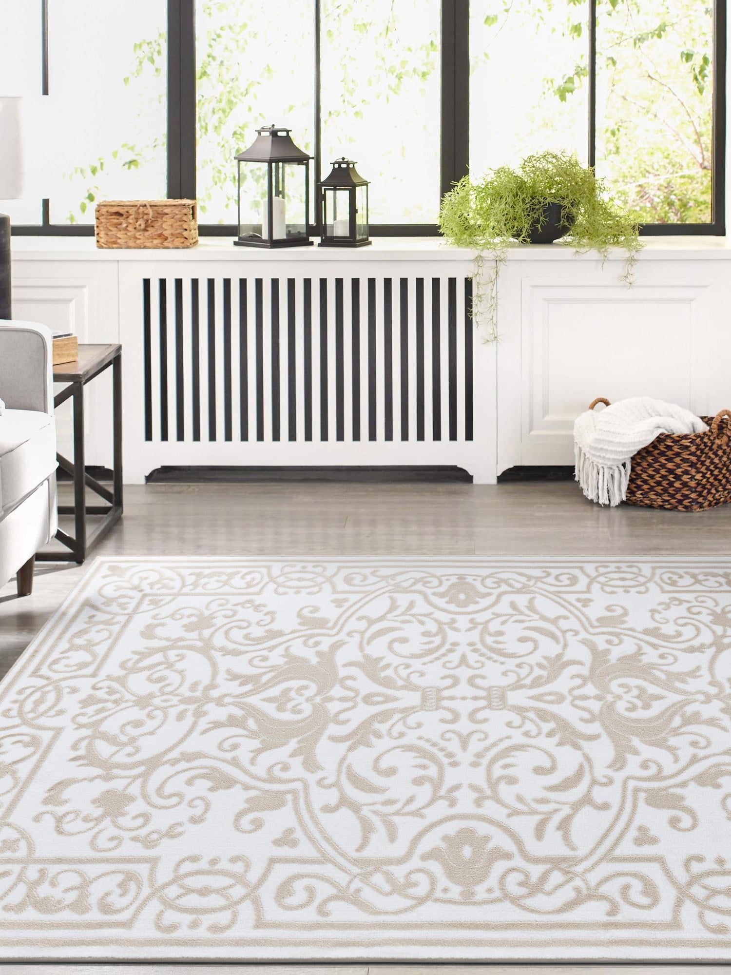 Snow White 9' x 12' Hermitage Rectangle Area Rug 55% Polypropylene & 45% Polyester Easy Clean Stain-Resistant Carpet for Living, Office, Dorm Rooms for Sale at Rug Engine