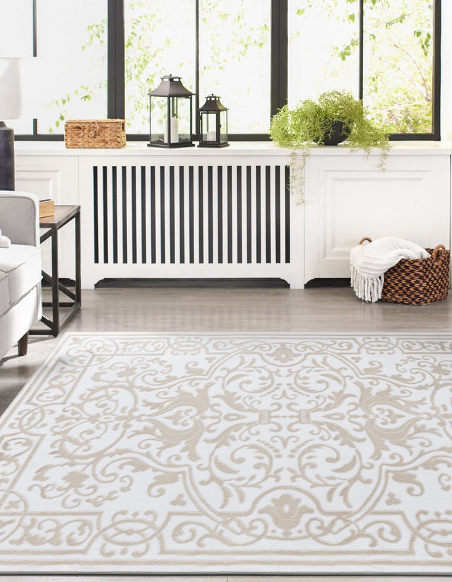 Snow White 9' x 12' Hermitage Rectangle Area Rug 55% Polypropylene & 45% Polyester Easy Clean Stain-Resistant Carpet for Living, Office, Dorm Rooms for Sale at Rug Engine